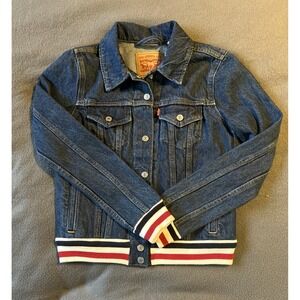 LEVI STRAUSS  Jean Jacket Denim Rib Trim Red White &‎ Blue Womens Size S